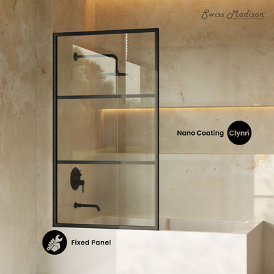 Claire 34 x 58 Framed Fixed 3/8 in. (10mm) Clear Tempered Glass Tub Door with Black Matte Frame