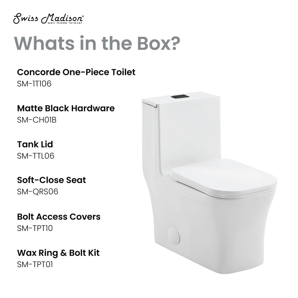 Elongated one-piece toilet with dual flush and matte black hardware, compact design.