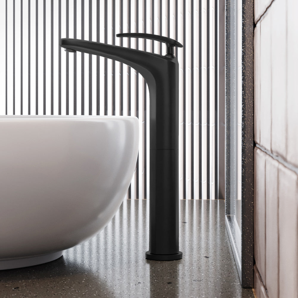 Single-handle bathroom faucet in matte black with high-arc spout and sleek modern design.