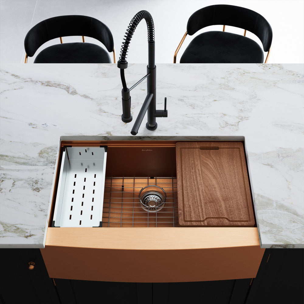 33 x 22 inch single basin farmhouse kitchen workstation sink with apron front in rose gold.