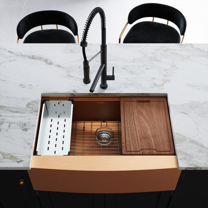 33 x 22 inch single basin farmhouse kitchen workstation sink with apron front in rose gold.