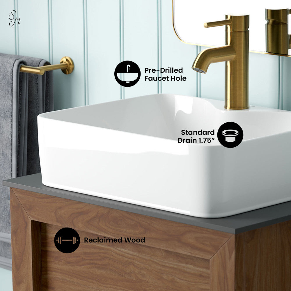 24-inch freestanding reclaimed wood bathroom vanity with slate countertop and single hole vessel sink.