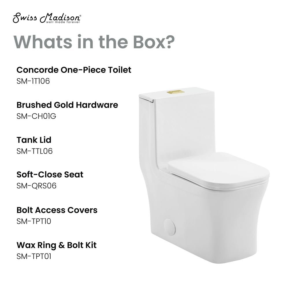 Elongated one-piece toilet, dual flush, brushed gold hardware, soft-close seat.