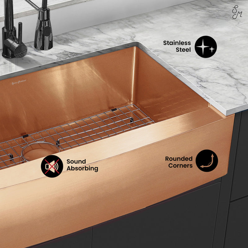 Rivage 36 x 21 Stainless Steel, Single Basin, Farmhouse Kitchen Sink with Apron in Rose Gold