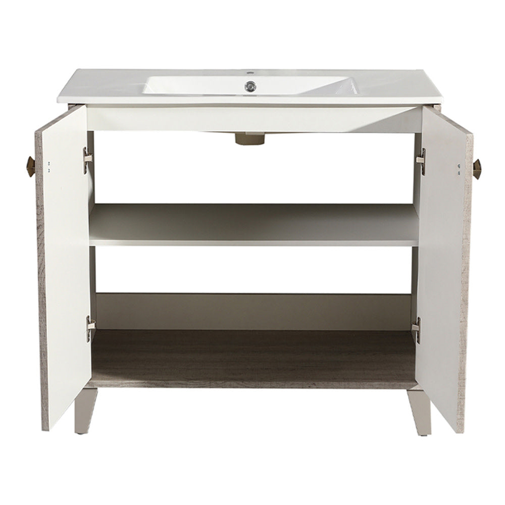 36-inch freestanding bathroom vanity in gray oak with single sink and soft-close doors.