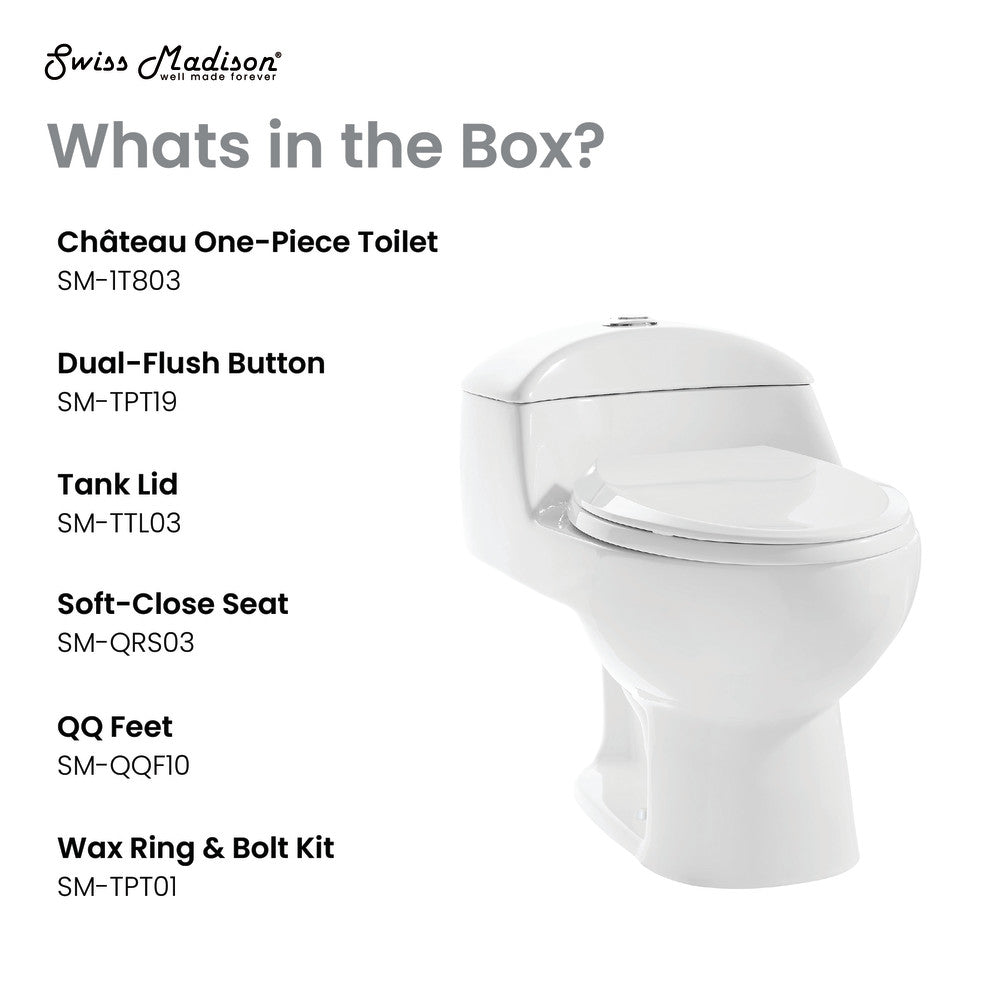 Elongated one-piece toilet with dual-flush button and soft-close seat in white porcelain.