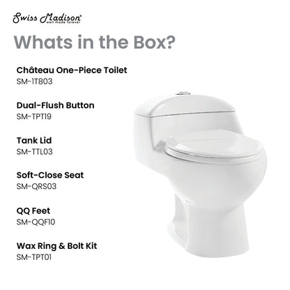 Elongated one-piece toilet with dual-flush button and soft-close seat in white porcelain.