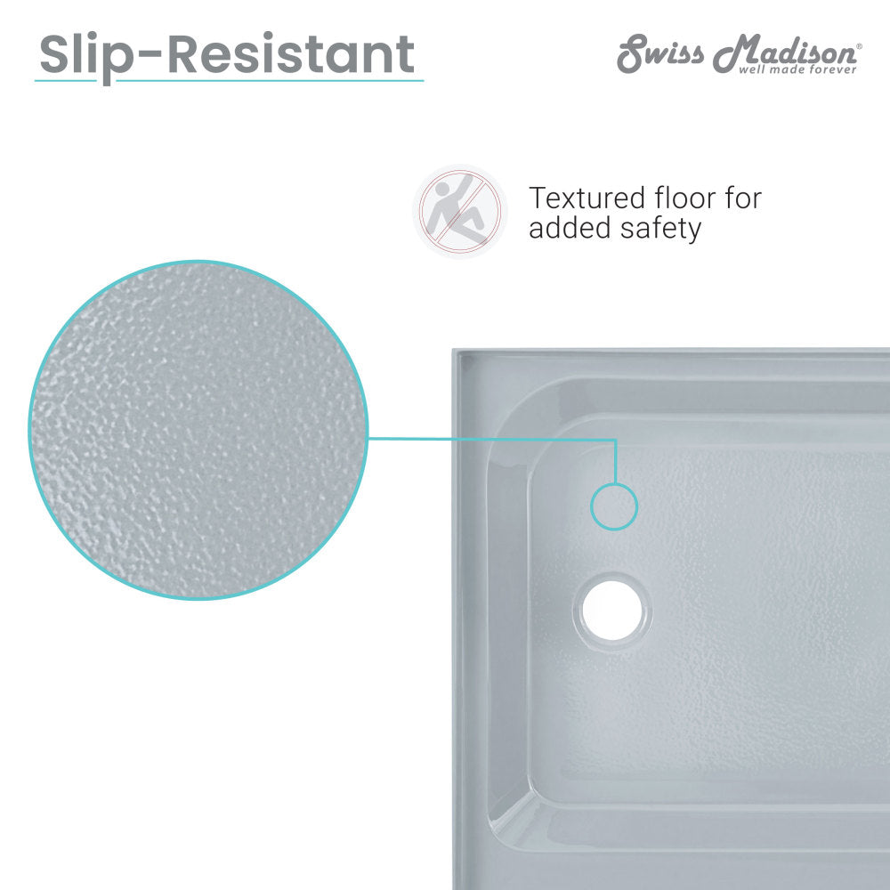 60" x 36" gray shower base with right-hand drain and textured slip-resistant floor surface.