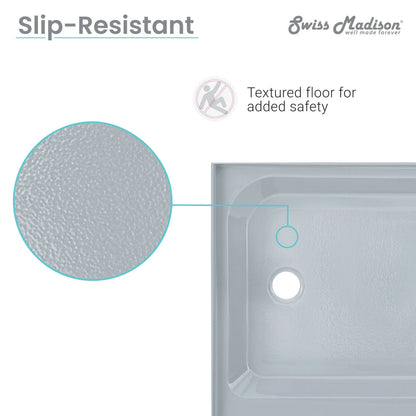 60" x 36" gray shower base with right-hand drain and textured slip-resistant floor surface.