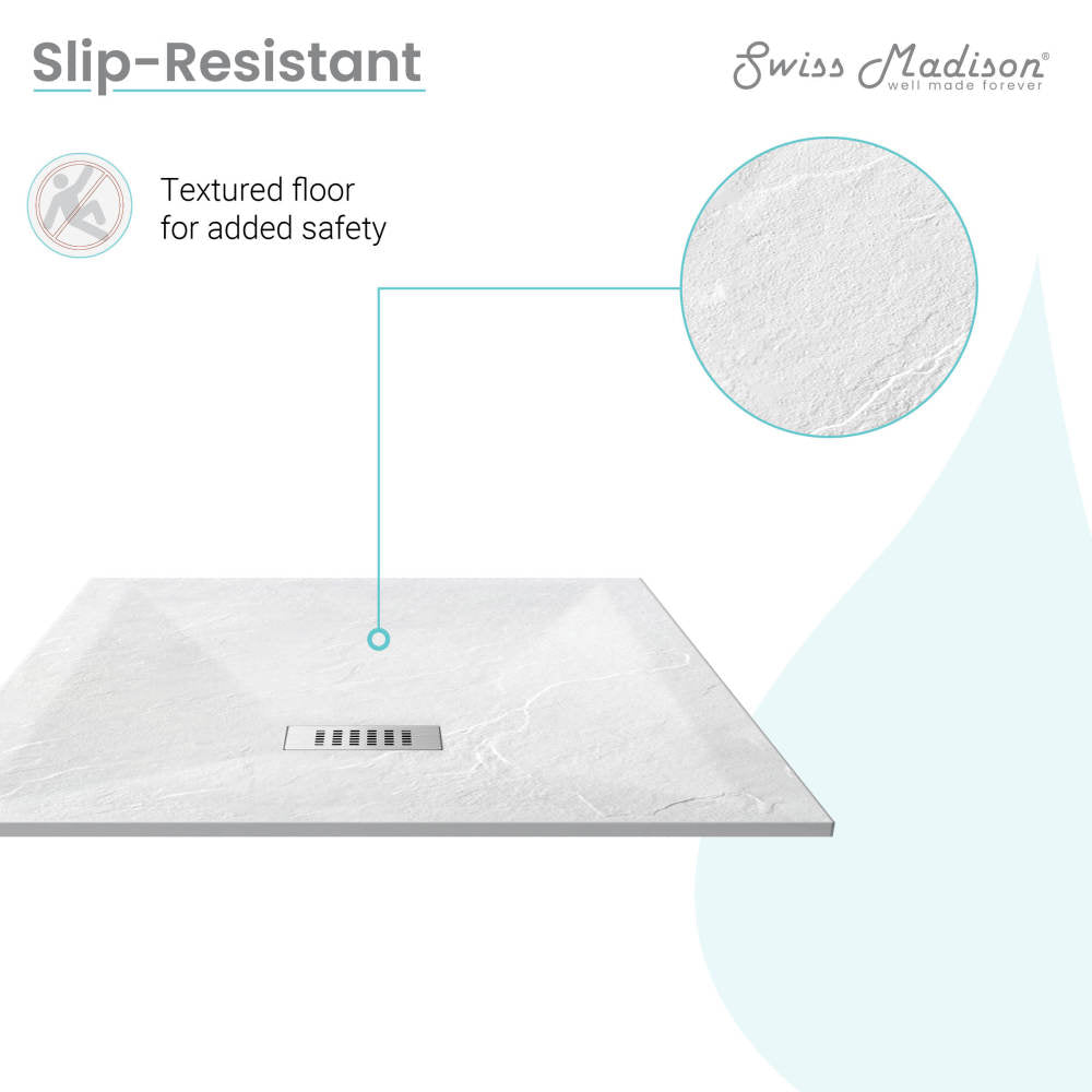 36x36-inch white square shower base with textured slip-resistant surface and center drain, reversible design.