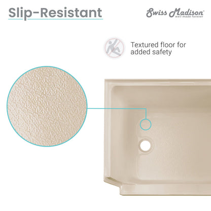60" x 32" biscuit-colored seated shower base with left-hand drain and textured slip-resistant floor.