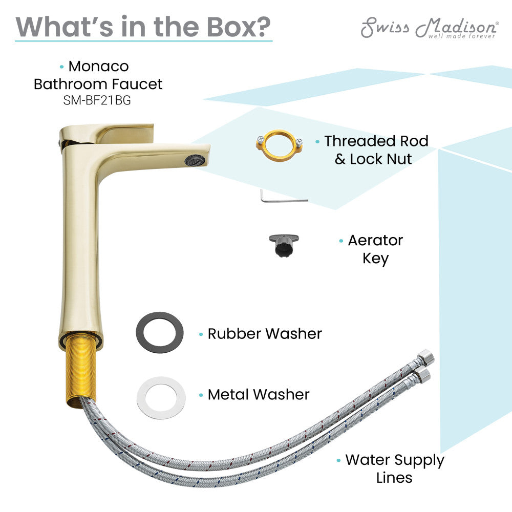 Single-handle high arc bathroom faucet in brushed gold with threaded rod and flexible water supply hoses.