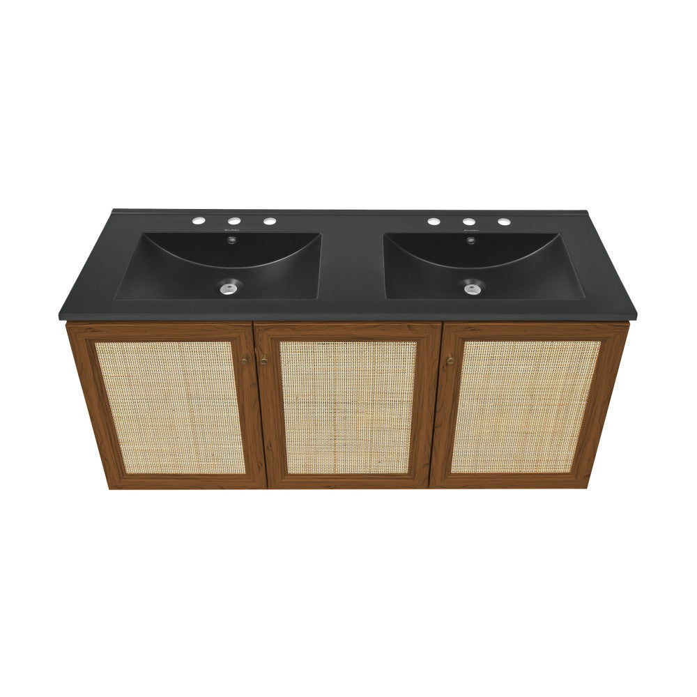 Classe 48" Wall-Mounted Bathroom Vanity in Brown Oak with Black 3-Hole Centerset Double Basin Sink Top