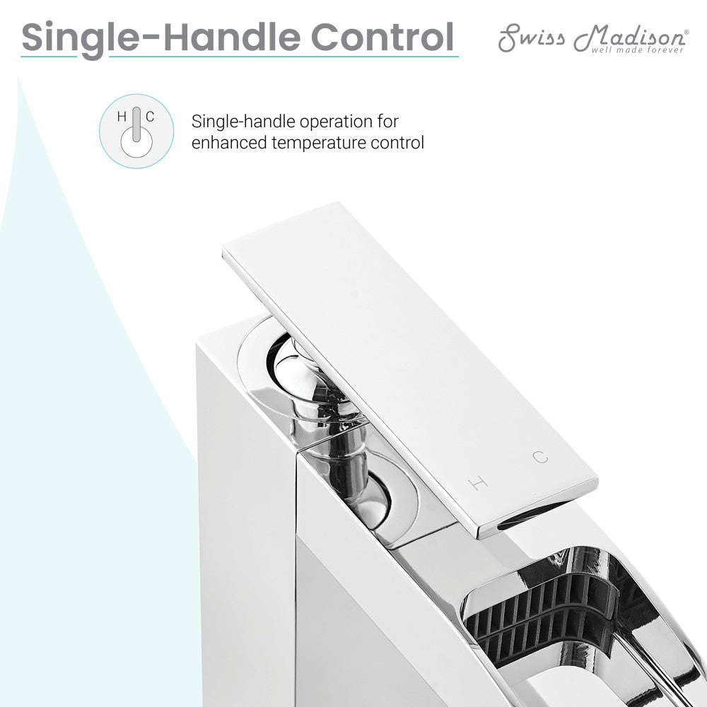 Single-handle high arc waterfall bathroom faucet in chrome with sleek rectangular lever and spout design.