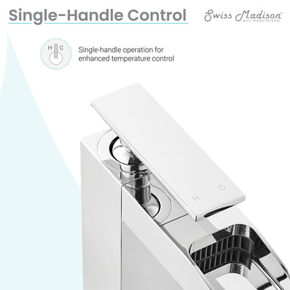 Single-handle high arc waterfall bathroom faucet in chrome with sleek rectangular lever and spout design.