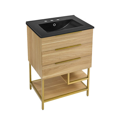 Carre 24 in. Golden Oak Bathroom Vanity with Black, 3-Hole Ceramic Sink Top
