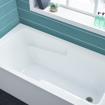 Alcove apron front bathtub 60 inch with right-hand drain and built-in armrest.