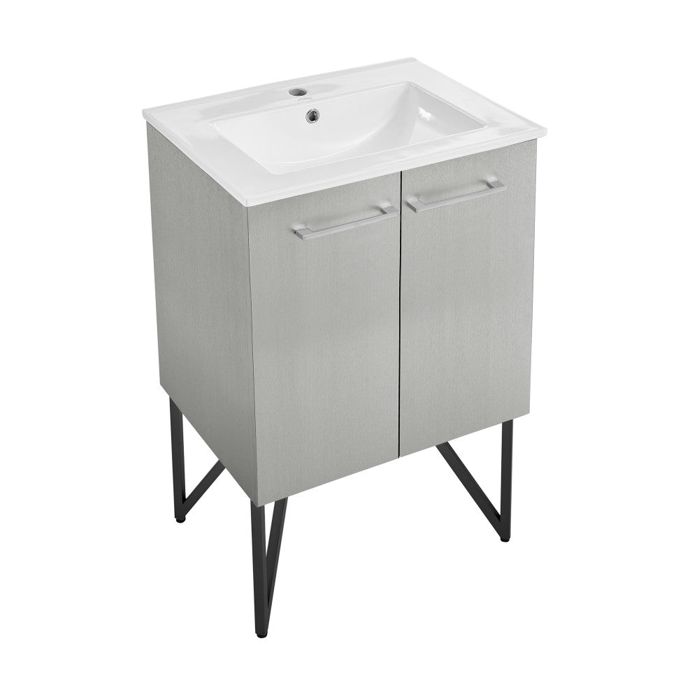 24-inch freestanding gray bathroom vanity with sink top and two-door cabinet on black legs.