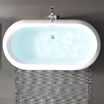 Freestanding soaking bathtub 63 inch with center drain and modern chrome faucet.