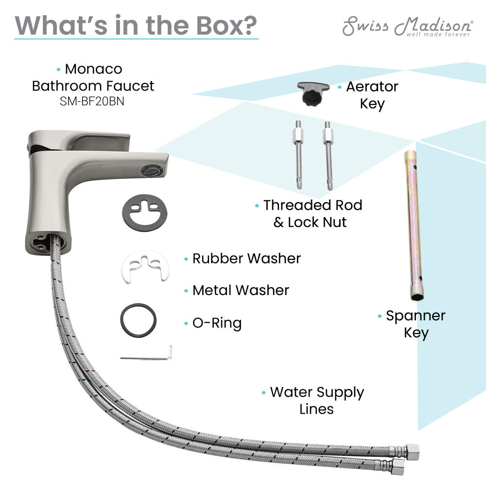 Single-handle bathroom faucet in brushed nickel, single hole mount, sleek curved spout design.