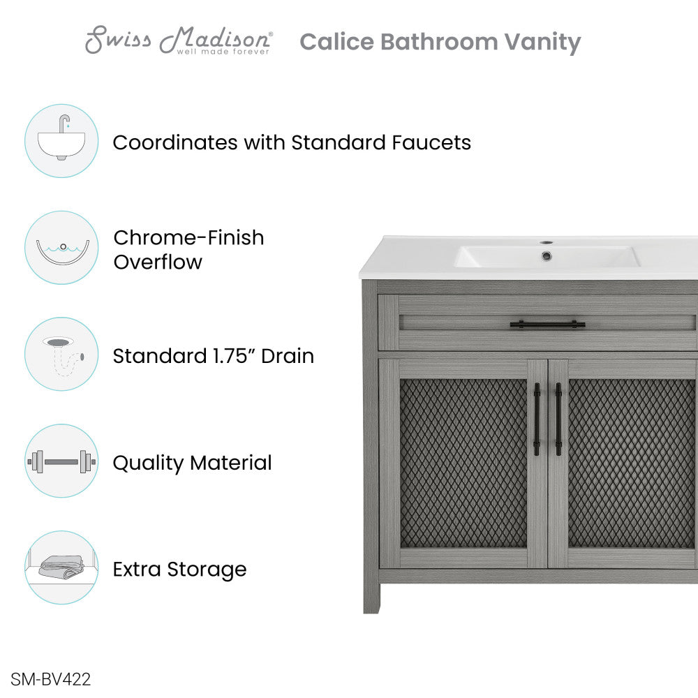 36-inch freestanding bathroom vanity in carbon gray with single sink and mesh cabinet doors.