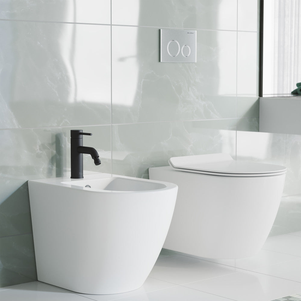 Bidet faucet in matte black, single handle, modern design.