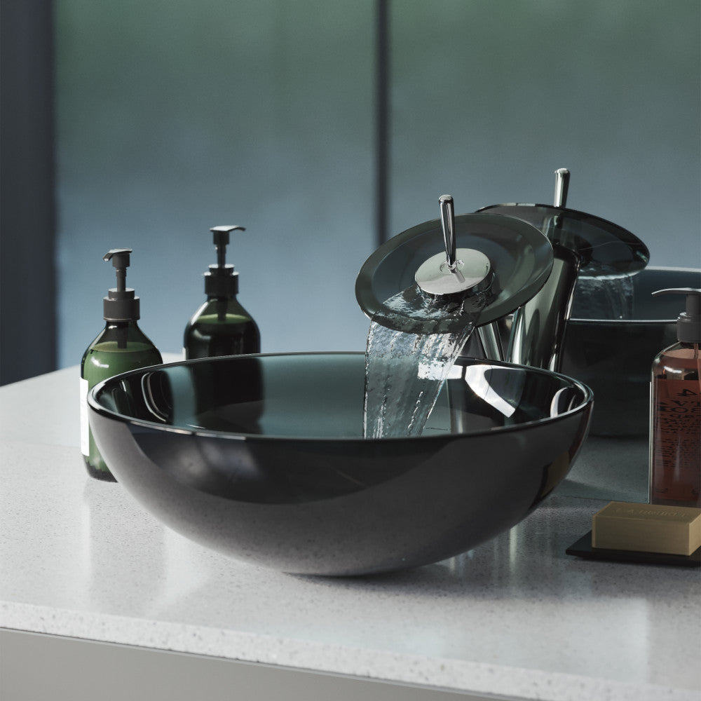 16.5-inch black glass vessel sink with single handle waterfall faucet.