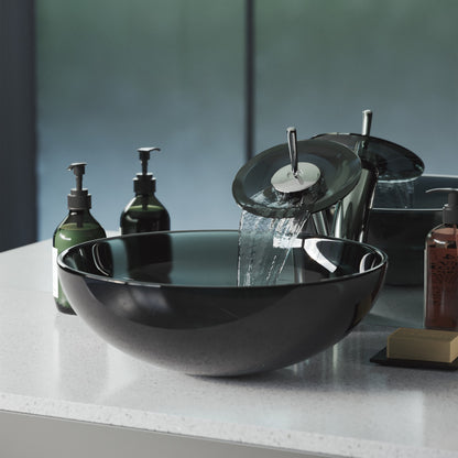 16.5-inch black glass vessel sink with single handle waterfall faucet.