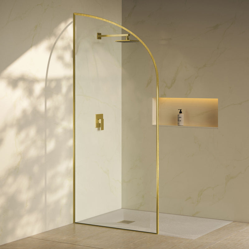 Demi 34 x 76 Framed Fixed 3/8 in. (10mm) Clear Tempered Glass Shower Door with Gold Brushed Frame