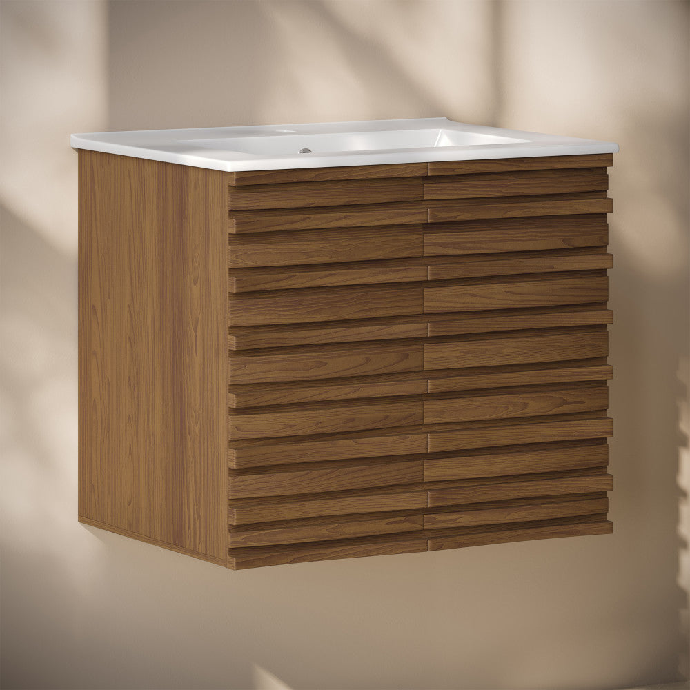 Cascade 24" Wall-Mounted Bathroom Vanity in Brown Oak with Sink Top