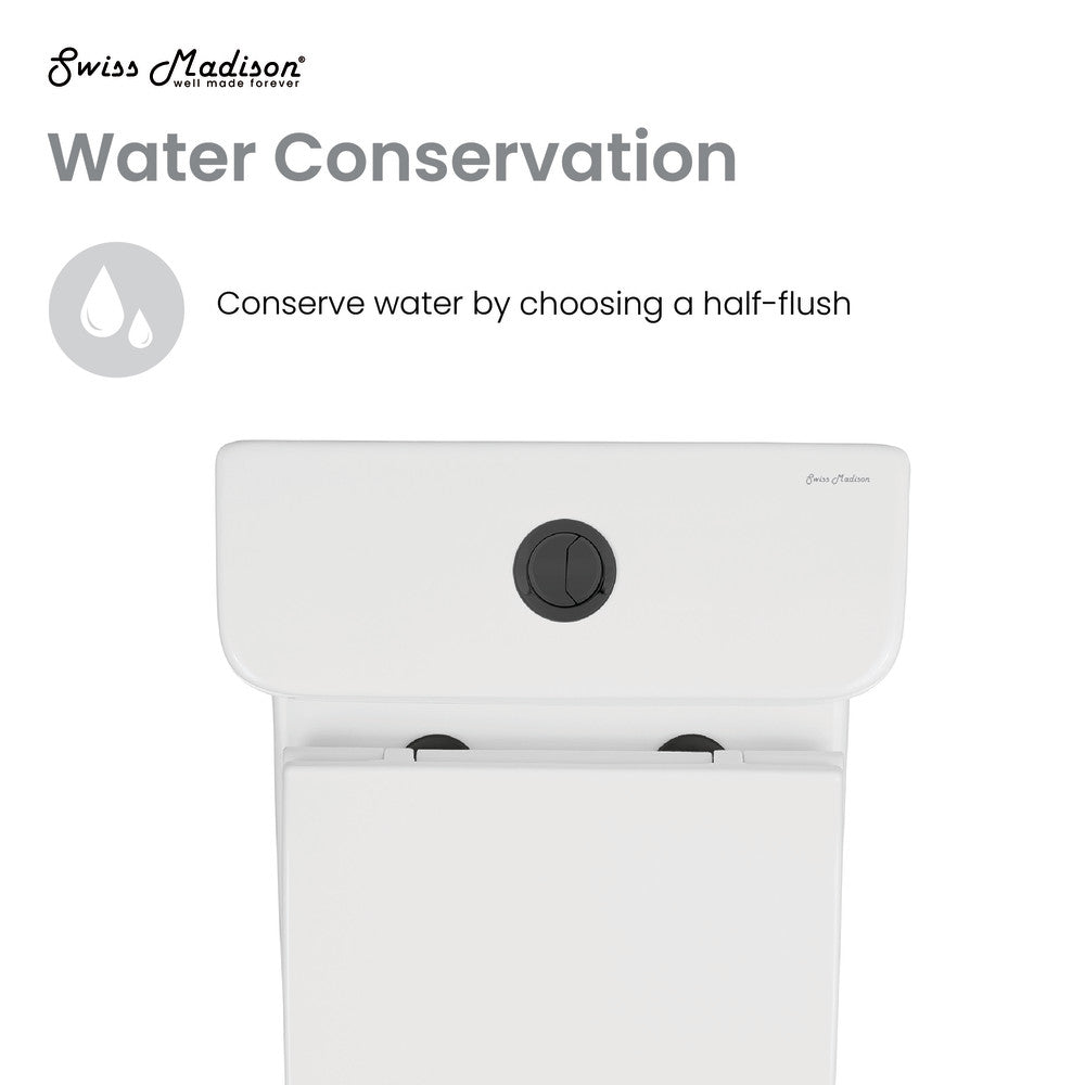 One-piece square toilet with dual flush and black hardware, compact design.