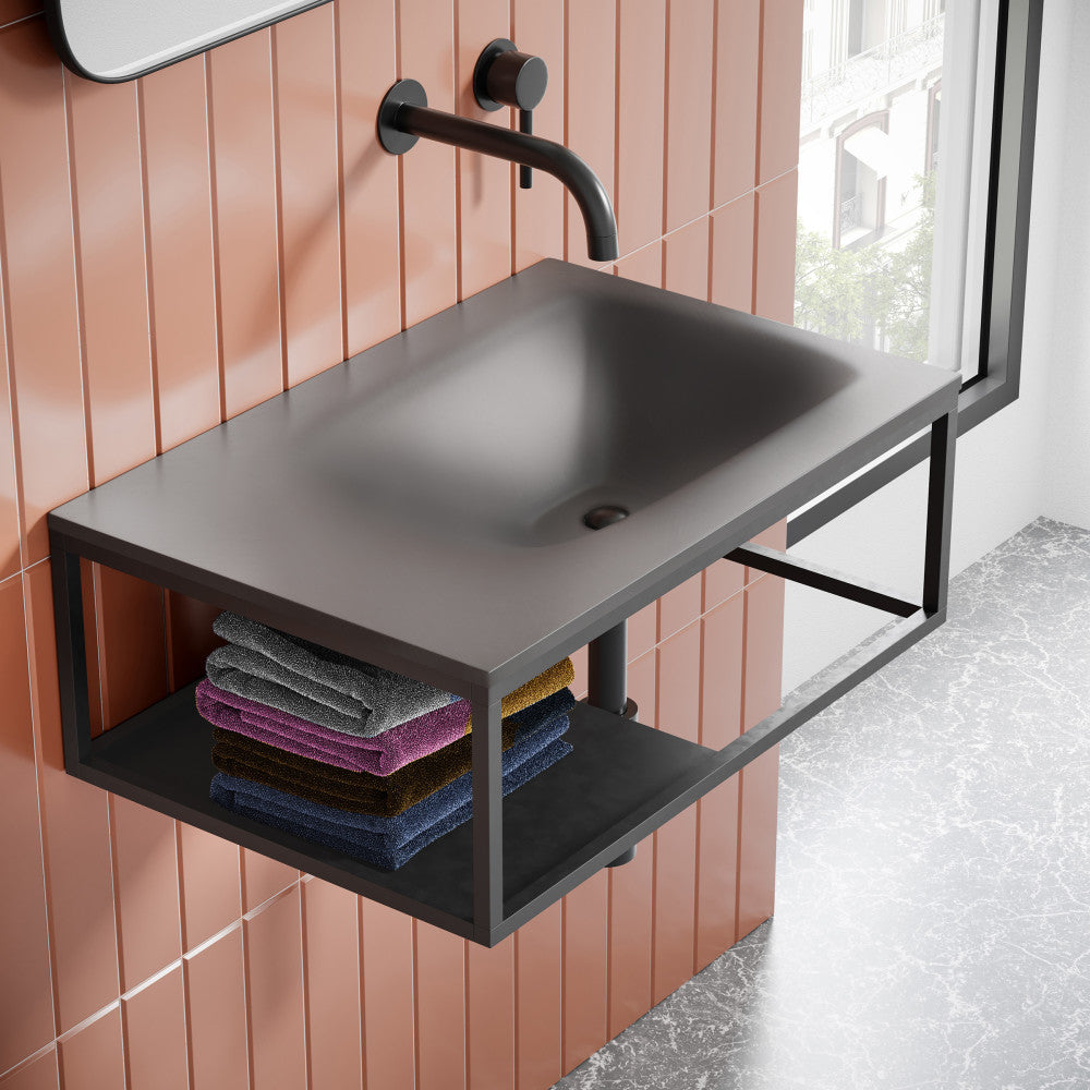 24" dark gray wall-mount concrete bathroom sink with rectangular basin and open metal shelf below.