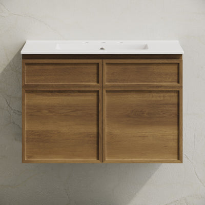 St. Tropez 30" Wall-Mounted Bathroom Vanity in Brown Oak with 3-Hole Widespread Sink Top