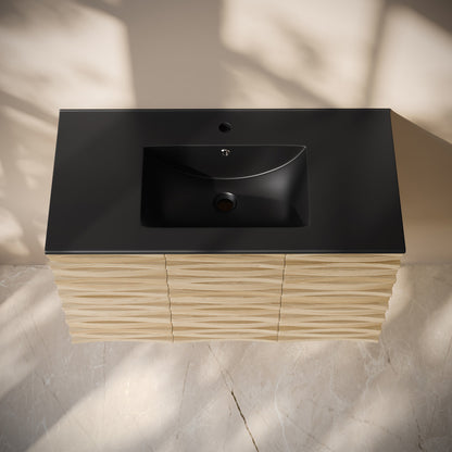 Cascade 36" Wall-Mounted Bathroom Vanity in Natural Oak with Black Sink Top
