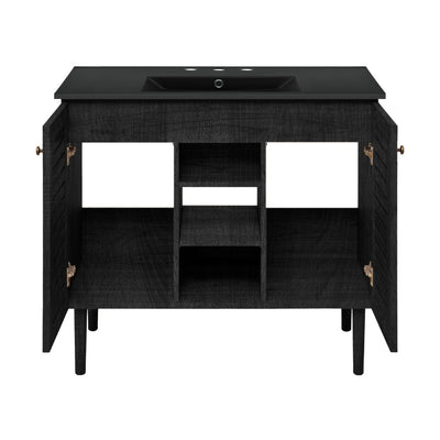 Bron 36" Freestanding Bathroom Vanity in Black Oak with Black 3-Hole Widespread Sink Top