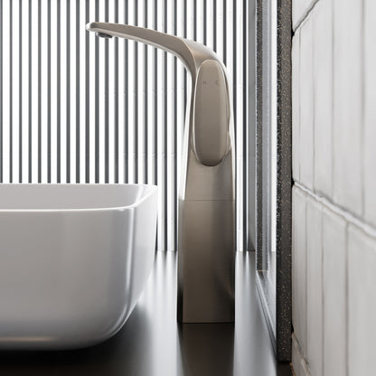 Single-handle high arc bathroom faucet in brushed nickel, Chateau collection.