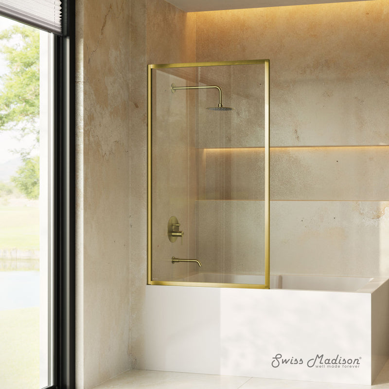 Pierre 34 x 58 Framed Fixed 3/8 in. (10mm) Clear Tempered Glass Tub Door with Brushed Gold Frame