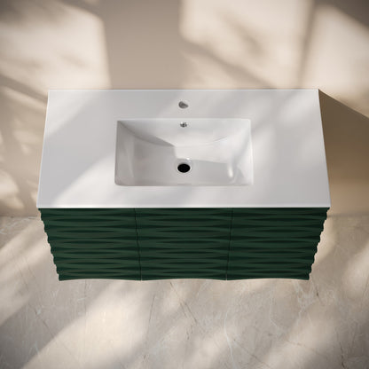 Cascade 36" Wall-Mounted Bathroom Vanity in Green Oak with Sink Top