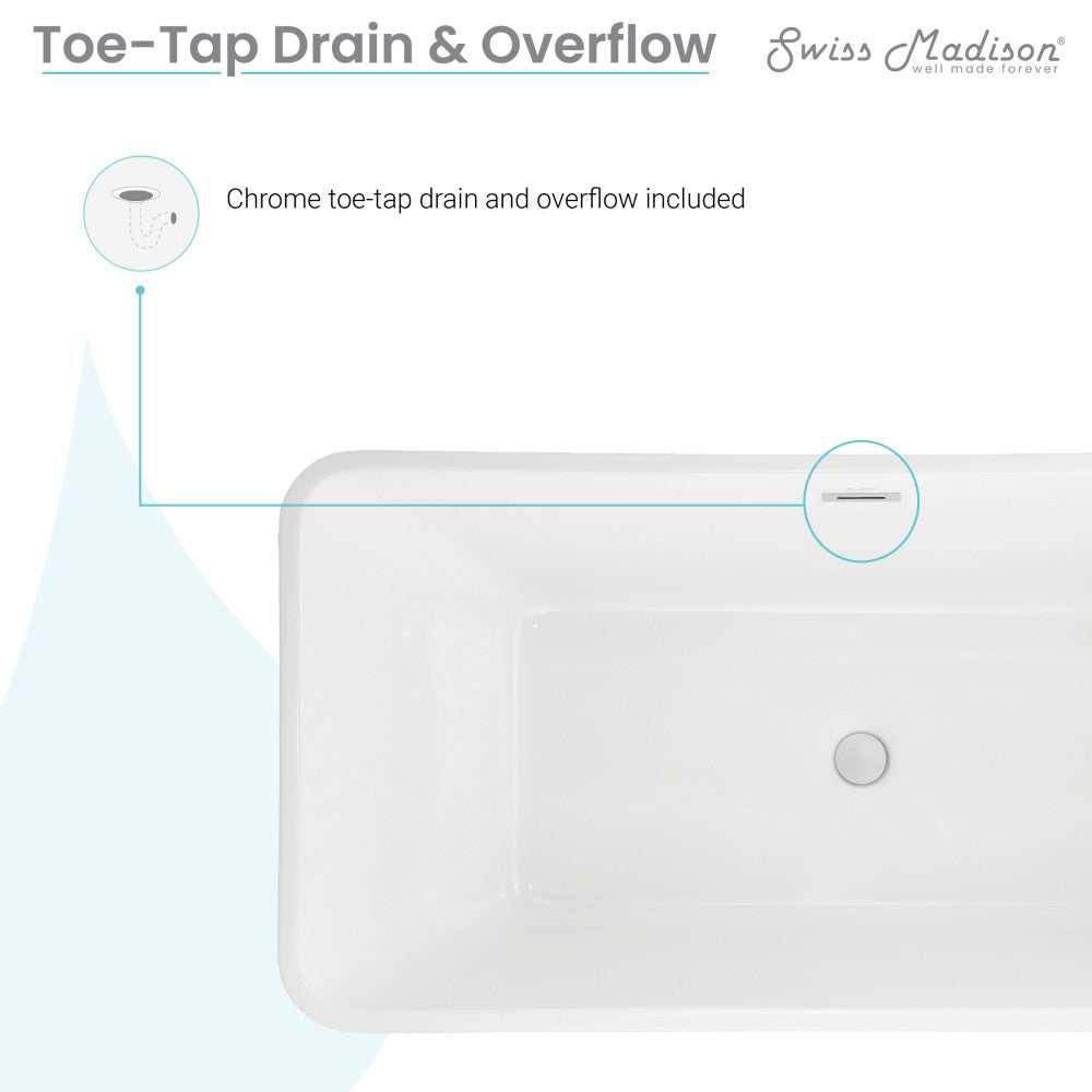 Freestanding soaking bathtub 60 inch, center drain, white acrylic finish, rectangular shape.