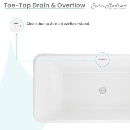 Freestanding soaking bathtub 60 inch, center drain, white acrylic finish, rectangular shape.