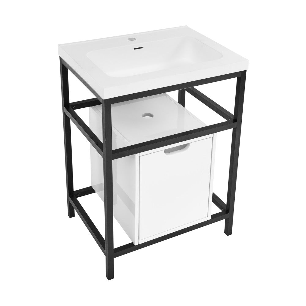 24-inch freestanding bathroom vanity in black with white sink top and open shelf design.