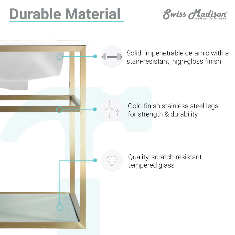 24-inch wall-mount bathroom vanity with open shelf and gold metal frame.