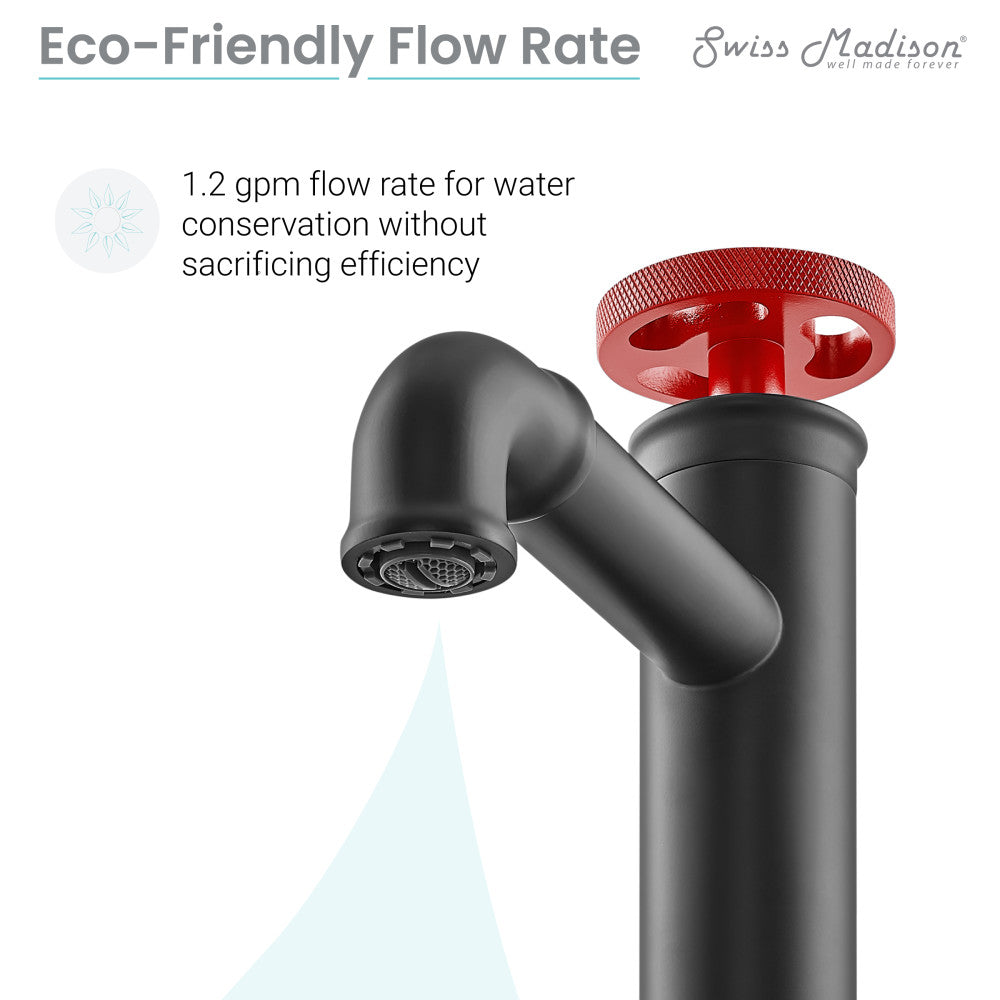 Single-handle high arc bathroom faucet in matte black with red wheel handle.