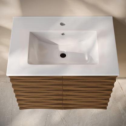 Cascade 30" Wall-Mounted Bathroom Vanity in Brown Oak with Sink Top