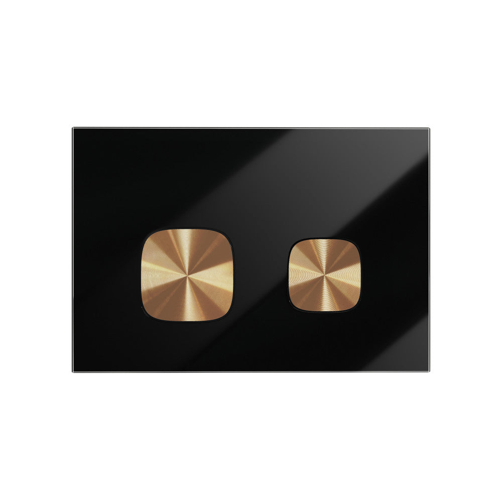 Verre Wall Mount Dual Flush Glass Actuator Plate in Glossy Black with Copper Flush Buttons