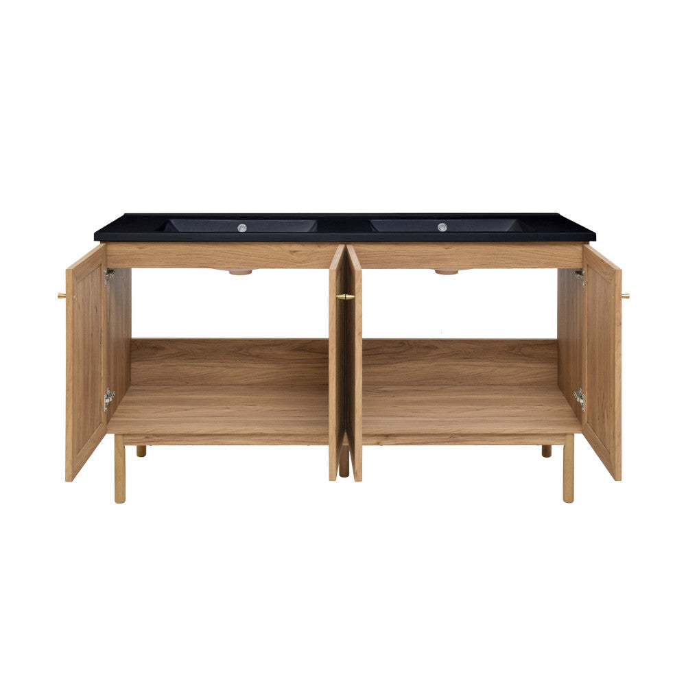 Classe 60" Freestanding Bathroom Vanity in Golden Oak with Black Double Basin Sink Top