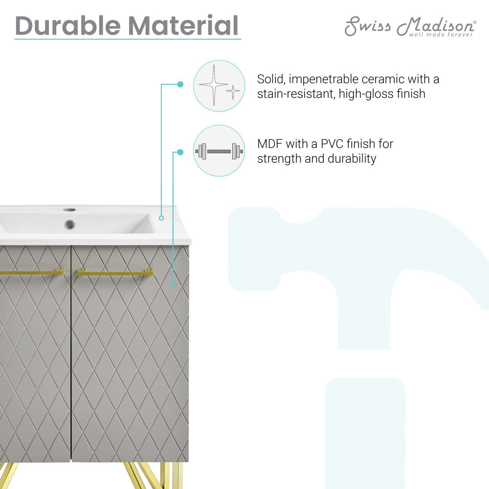 24-inch freestanding bathroom vanity in diamond gray, single sink, soft-close doors.