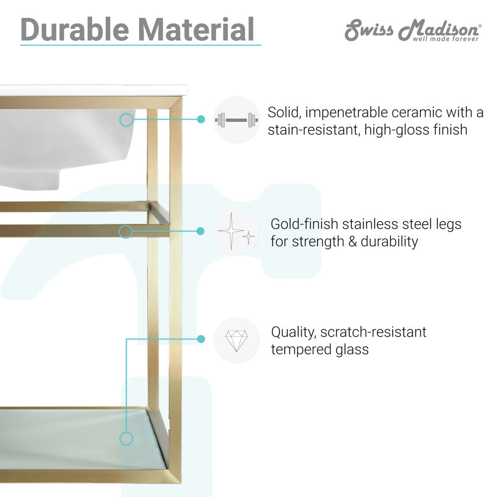 48-inch wall-mount bathroom vanity with gold metal frame and two open tempered glass shelves.