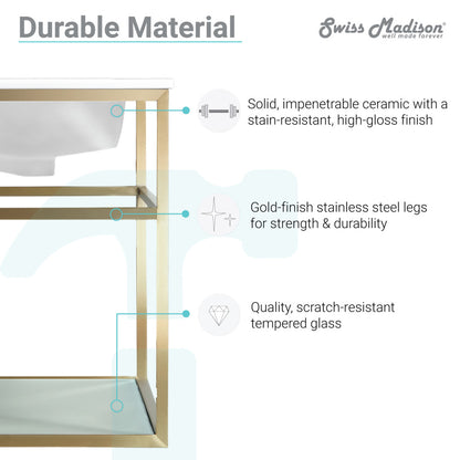 48-inch wall-mount bathroom vanity with gold metal frame and two open tempered glass shelves.