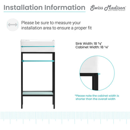 19.5-inch freestanding bathroom vanity with open shelf, matte black metal frame, minimalist design.